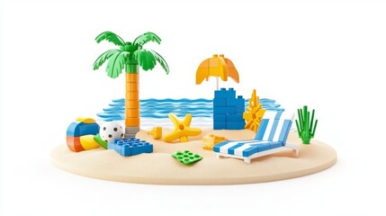 Colorful beach scene with toy building blocks, palm trees, and a sunny atmosphere for playful summer vibes.