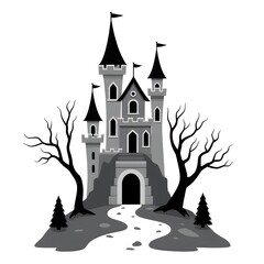 Obraz premium grayscale castle with trees isolated