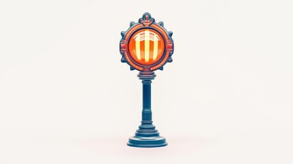 A vintage-style traffic signal lamp with a vibrant orange glow, standing tall against a plain background.