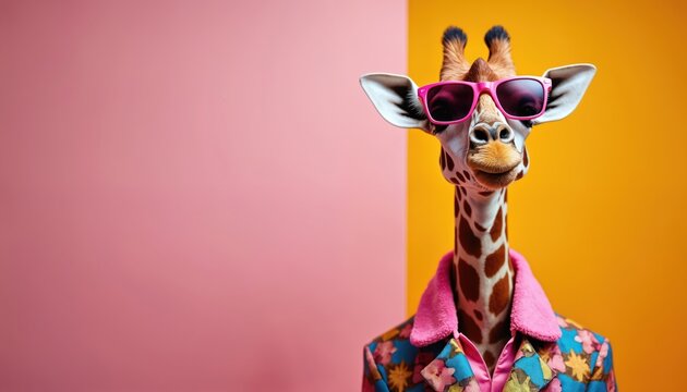 Stylish giraffe sports bright pink sunglasses, colorful patterned jacket. Fashionable mammal with long neck poses against vibrant pink, orange backdrop, exuding cool, humorous, exotic vibe. Unique