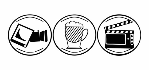Three circles containing a camera, a foamy drink, and a clapperboard arranged side by side in black and white on transparent background
