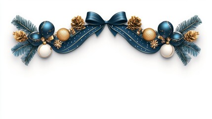 Elegant Christmas decoration with blue and gold ornaments, pine cones, and ribbons for festive celebrations.
