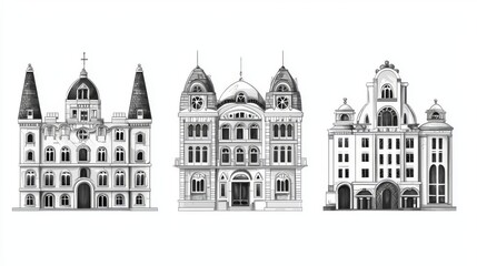 Obraz premium Detailed illustration of three historical buildings showcasing unique architectural styles and features.