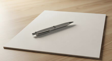Silver pen resting on a blank sheet of paper on a wooden desk.