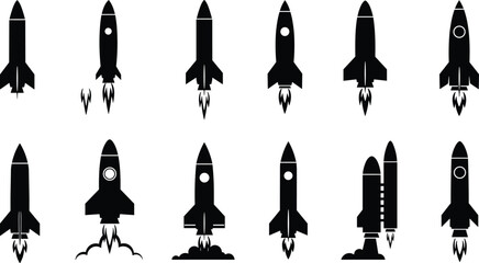 Rocket silhouette collection, space icon set, black vector illustration, spacecraft design, launch concept, aerospace theme, educational material, graphic art