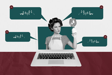 Pop trend collage of person hold clean glass in gadget monitor speak comment speech over white...