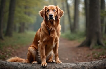 Obraz premium Nova Scotia Duck Tolling Retriever dog sits obediently on fallen tree in forest. Beautiful, young, purebred mammal with red fur looks calmly ahead. Morning light filters through trees, creating