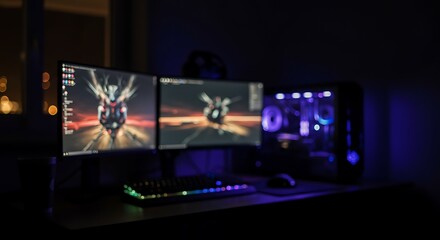 Gaming Setup with Dual Monitors and Glowing PC Case