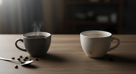 Fototapeta premium Two coffee cups, one steaming and one plain, on a wooden table with coffee beans.