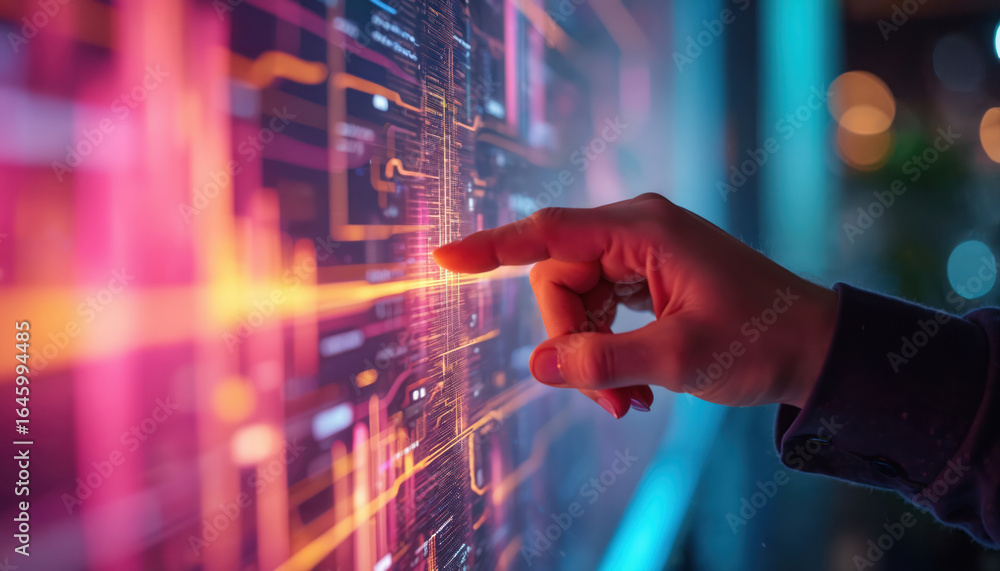 Poster hand interacts with vibrant digital interface displaying colorful neon data streams. futuristic tech