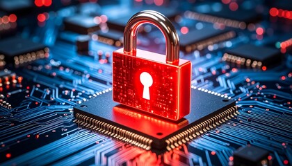 Red Cyber Security Lock on Chip.