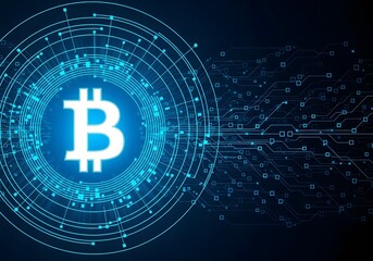 Futuristic digital bitcoin symbol glowing with blue light on a dark circuit board background