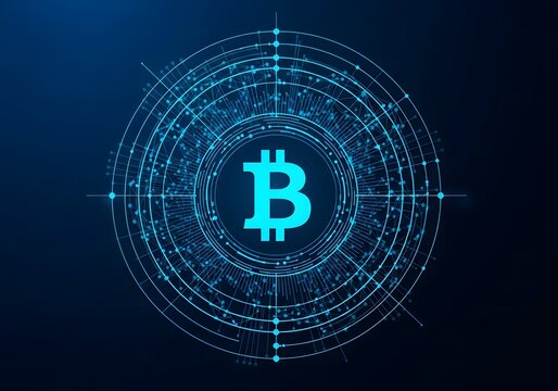 Digital bitcoin symbol encased in a futuristic glowing blue fingerprint security network - Powered by Adobe
