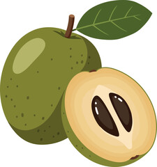 Fresh sapote fruit whole and halved with seeds
