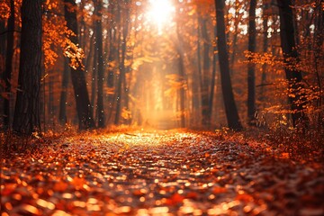 Golden autumn forest path sunlight