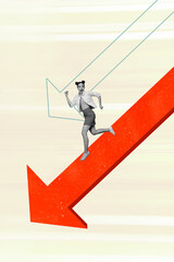 Zine image 3d pop art banner collage of inexperienced businesswoman run arrow regress statistics collapse economy crisis