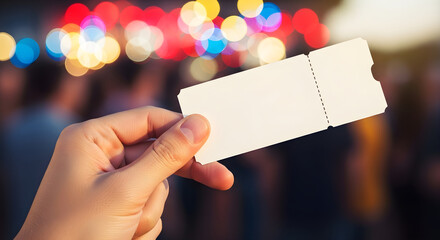 Hand holding a blank ticket against bokeh background