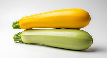 Two fresh zucchini one yellow and one green stacked on a white background