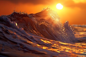 Golden sunset ocean wave crashing