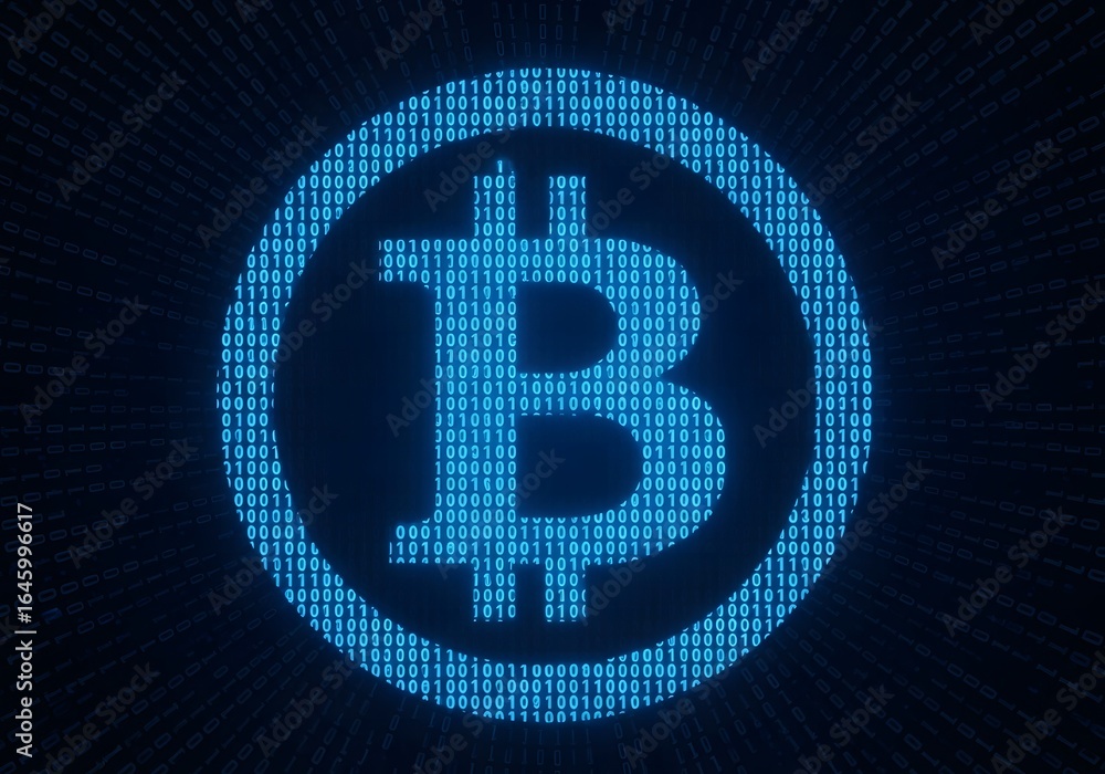 Poster glowing blue bitcoin symbol composed of digital pixels on a dark background symbolizing cryptocurren
