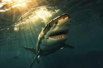 Great white shark underwater sunbeams ocean