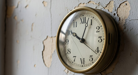 Vintage wall clock showing time with a cracked face on a peeling wall, symbolizing paused emotions