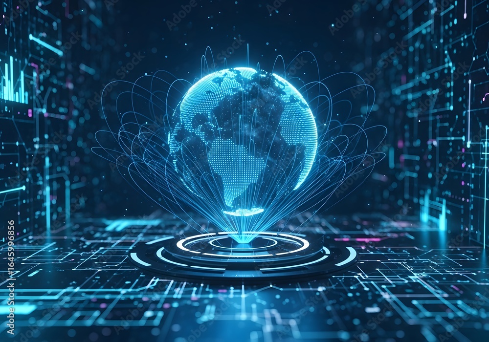 Poster futuristic digital globe hologram illuminates a high tech data center with glowing circuits and abst