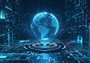 Futuristic digital globe hologram illuminates a high tech data center with glowing circuits and abstract blue light