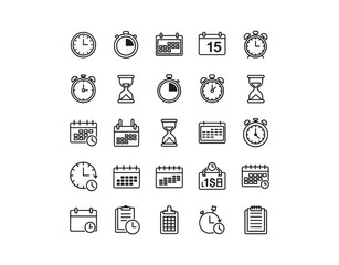 Set of icons featuring time and schedule stroke symbols. Vector illustration

