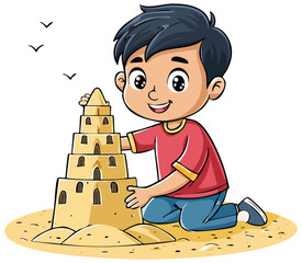 Little boy building a sandcastle on the beach 