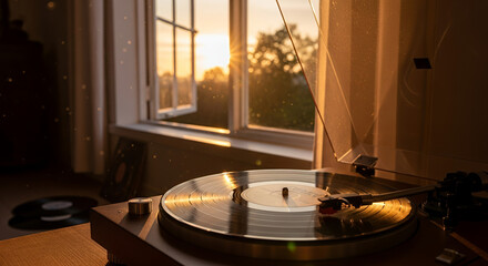 Fototapeta premium Vinyl record player with a spinning record in warm light from a sunset streaming through a window. 