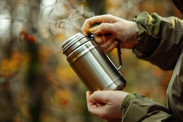 Hot drink steaming mug autumn outdoors