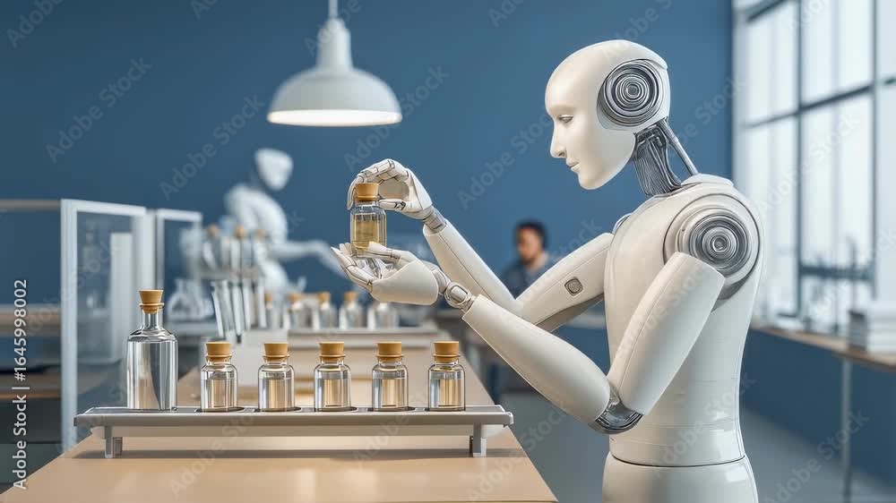 Poster humanoid robot conducting precise scientific experiment, handling glass bottles in modern laboratory