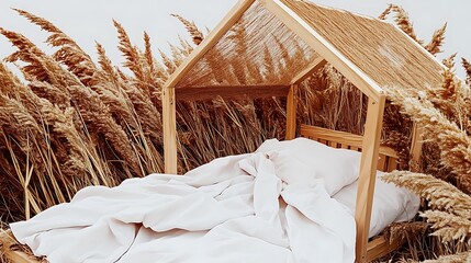 A decorative bed setup featuring soft bedding among tall dried grasses