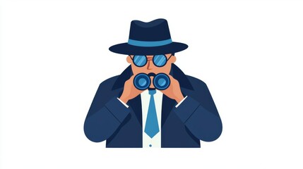 A mysterious character with binoculars, dressed in a trench coat and hat, observing the surroundings with intrigue.