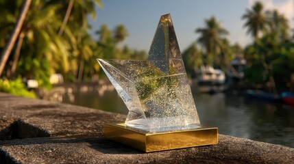Fototapeta premium Stunning Crystal Star Sculpture with Glitter on a Natural Landscape