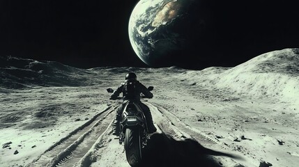 Astronaut Riding Motorcycle on Moon Surface with Earth in Background