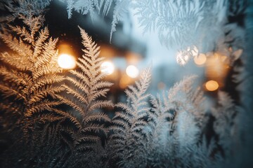 Frosty Ferns on Window with Bokeh Lights, Winter Abstract
