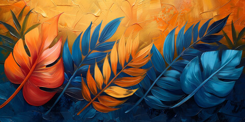 Background featuring palm leaves depicted in the style of acrylic paints.