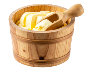  Angled Wooden Butter Barrel with Wooden Scoop, Isolated PNG
