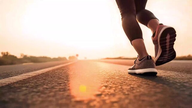 Runner's feet in motion on open road at sunrise, achieving fitness goals, active lifestyle