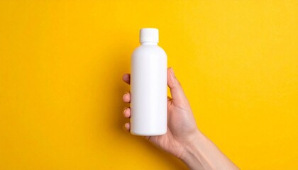 White plastic bottle with flat cap held in hand against bright yellow background