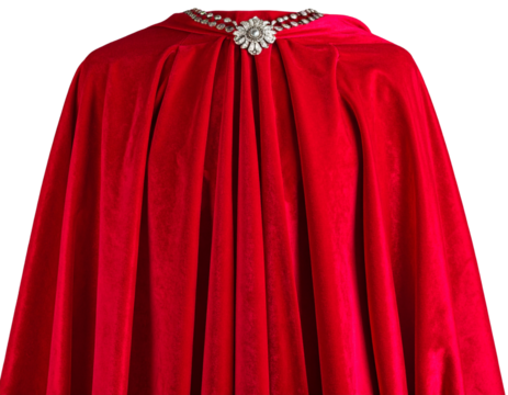 Front View Elegant Red Cloak with Silver Brooch Fastening, Isolated on Transparent Background
