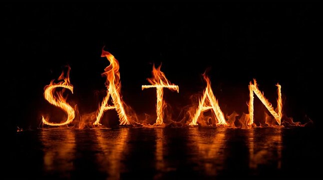 SATAN spelled in fire font letters - burning type treatment of word or phrase - christian religious sign concept - flames surround letters text on black background