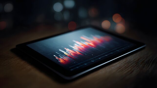 Glowing digital graph on tablet screen displays growth trends