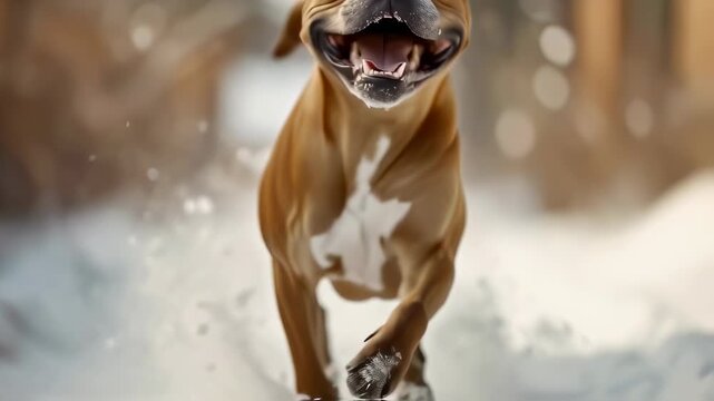 Muscular tan cane corso running joyfully across snowy landscape with falling snowflakes. Dynamic motion captured with vertical camera movement, showcasing dog's athletic form and exuberant spirit.