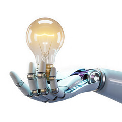 Ai robot hand holding lightbulb isolated on white and transparent backgroun.
