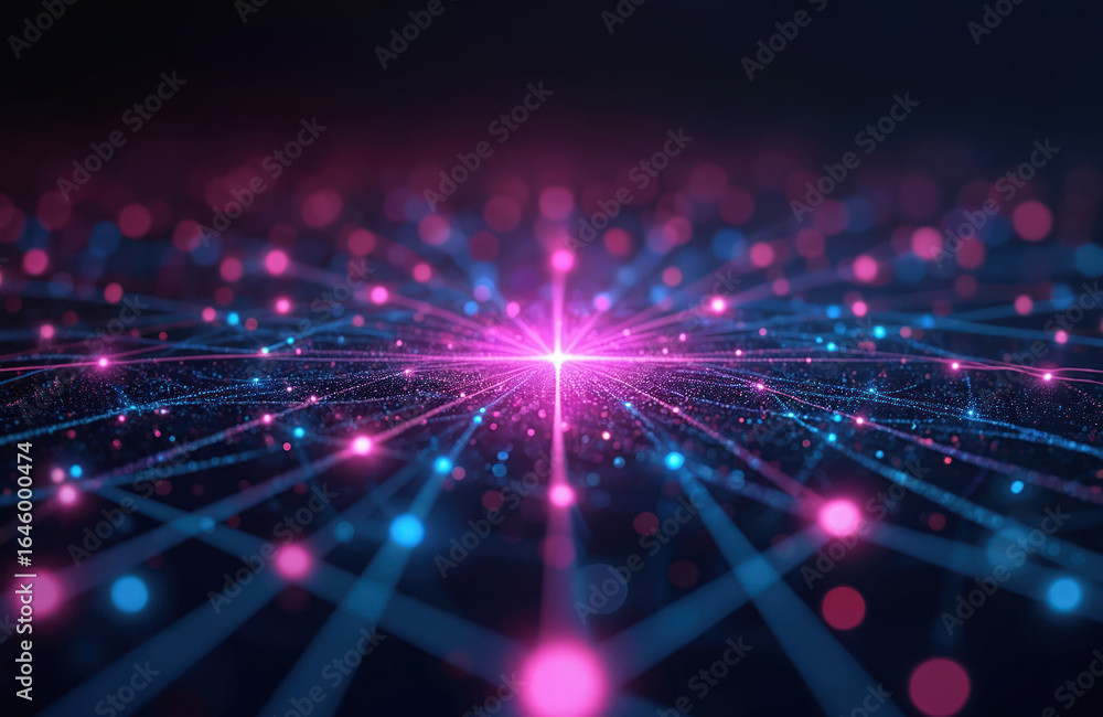 Poster abstract digital network background with glowing pink, blue nodes connected by lines. intricate mesh