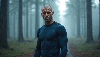 Muscular man stands in foggy forest wearing navy blue thermal base layer shirt. Athlete uses moisture-wicking fabric for comfortable winter training. Sportswear for running, hiking, outdoor sports