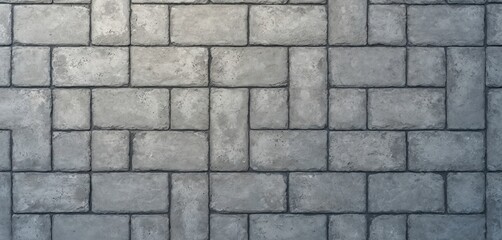 Seamless pattern of gray paver bricks in flat lay background. Rectangular textured tiles form repeating geometric shape, suggesting sidewalk patio construction. Ideal for architectural design,